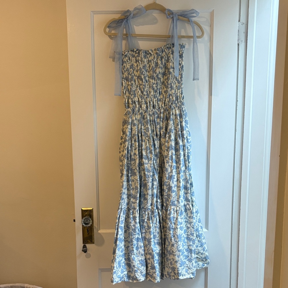 Floral Blue and White Tie Shoulder Dress